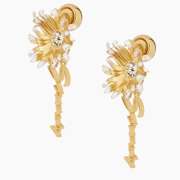 Givenchy NIB daisy flower earrings brass gold color and crystal - Picture 4 of 4